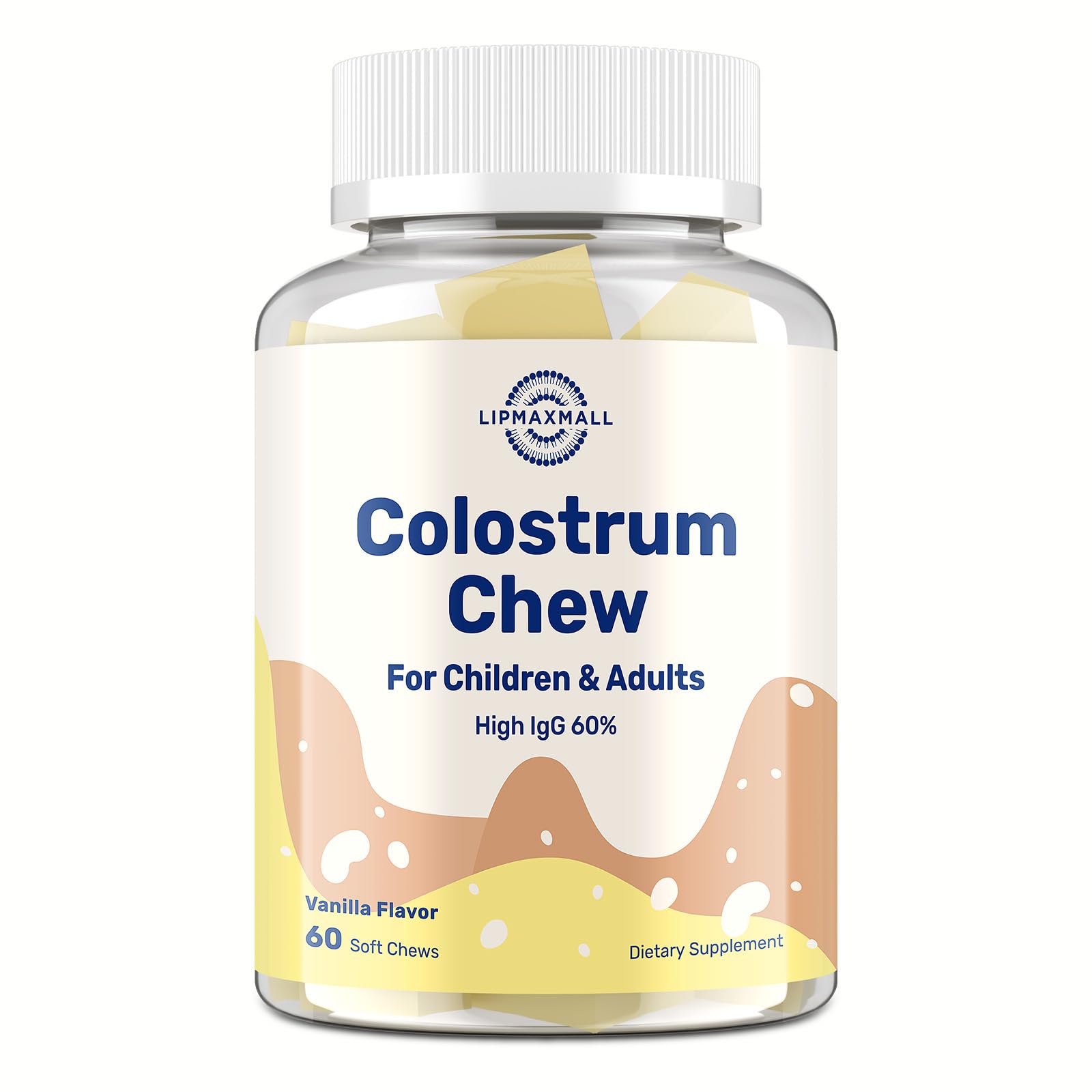 Lipmaxmall bovine colostrum chews vanilla bottle label highlights immune support.