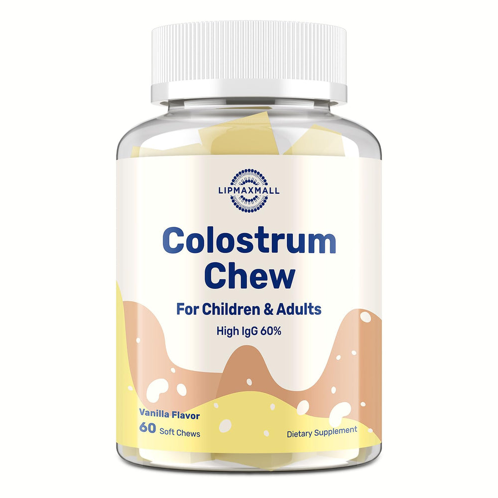 Lipmaxmall bovine colostrum chews vanilla bottle label highlights immune support.