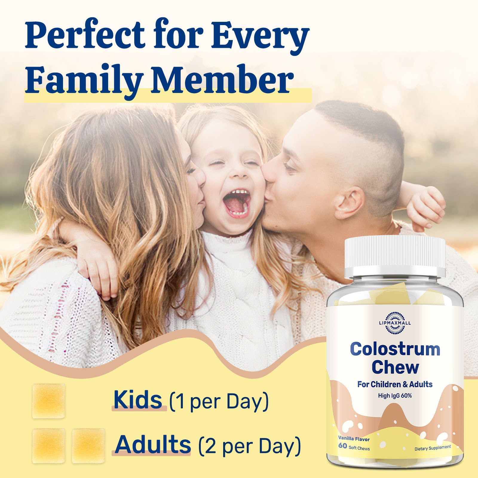 Lipmaxmall daily dosage visual demonstrates two chews for adults and one for kids.