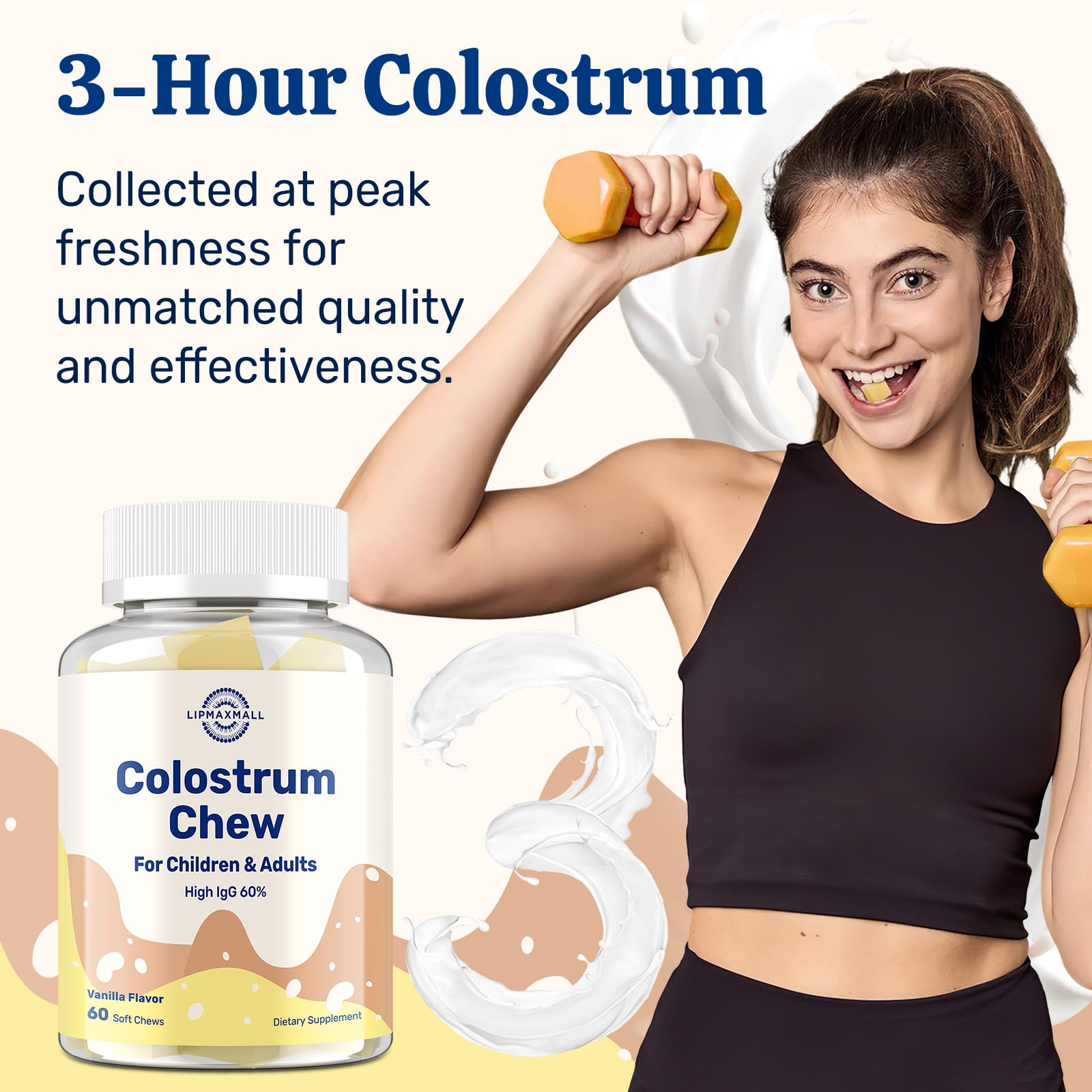 Lipmaxmall grass-fed cows source graphic highlights premium colostrum ingredients.