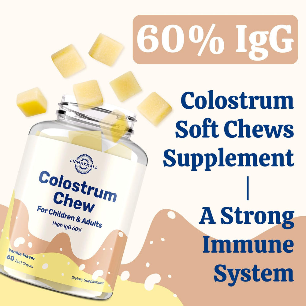 Lipmaxmall sixty percent IgG colostrum label emphasizes high IgG content for immune support.