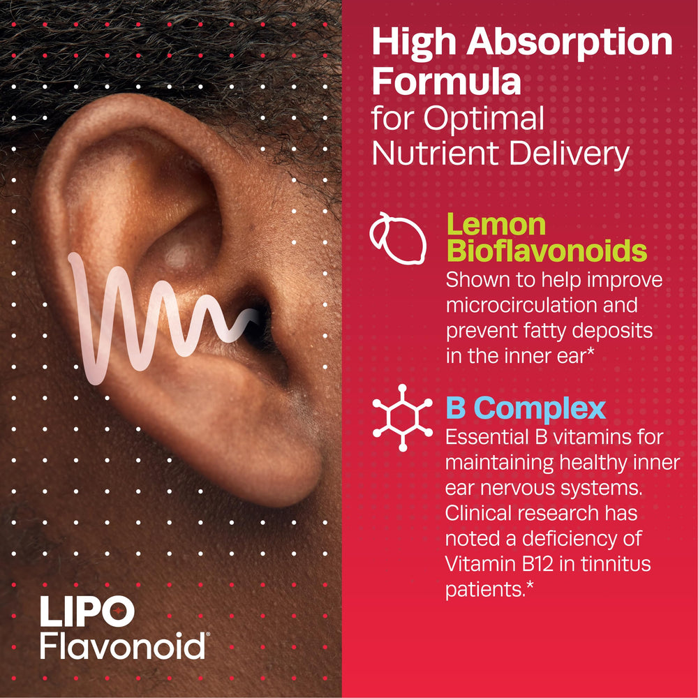 Lipo-Flavonoid bottle front label highlighting lemon bioflavonoid complex for ear health.