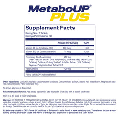 Lipozene MetaboUp Plus bottle side displays supplement facts for daily use.