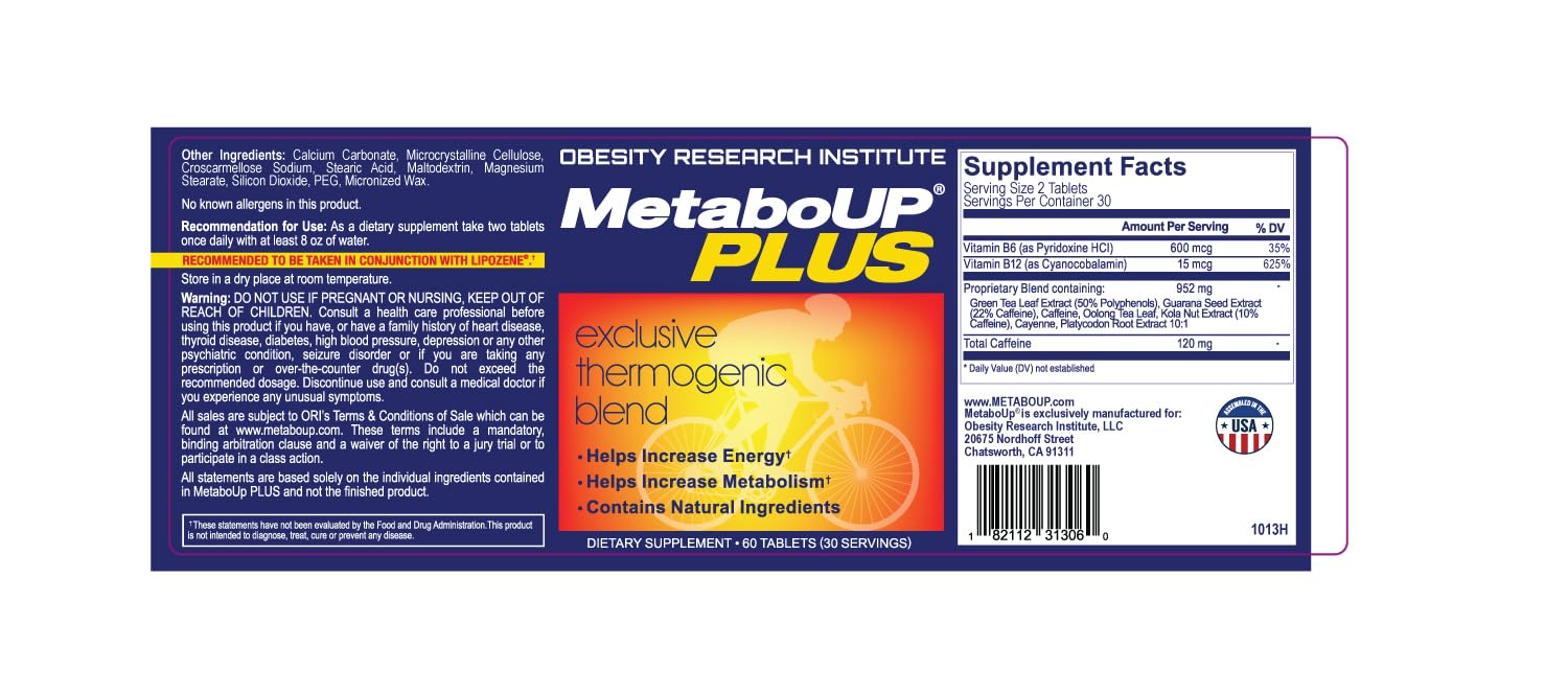 Lipozene MetaboUp Plus label close-up highlights green tea and guarana.