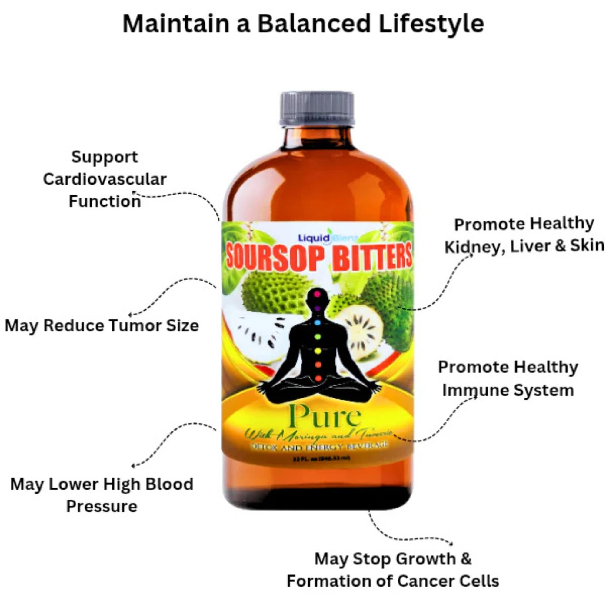 Liquid Blenz bottle close-up highlights moringa-turmeric components for antioxidant support