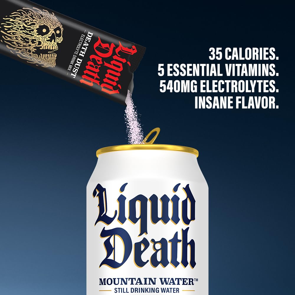Close-up of Liquid Death branding on product packaging.