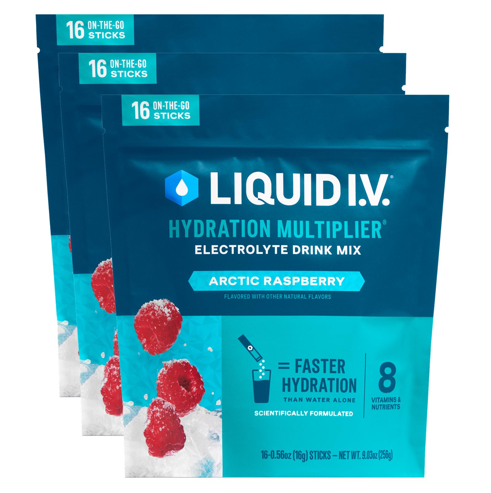 Liquid I.V Arctic Raspberry hydration packet beside a water bottle for fast hydration