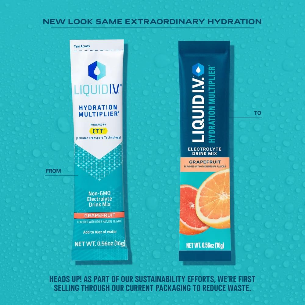 Liquid I.V. Grapefruit dispensing into water for quick hydration.