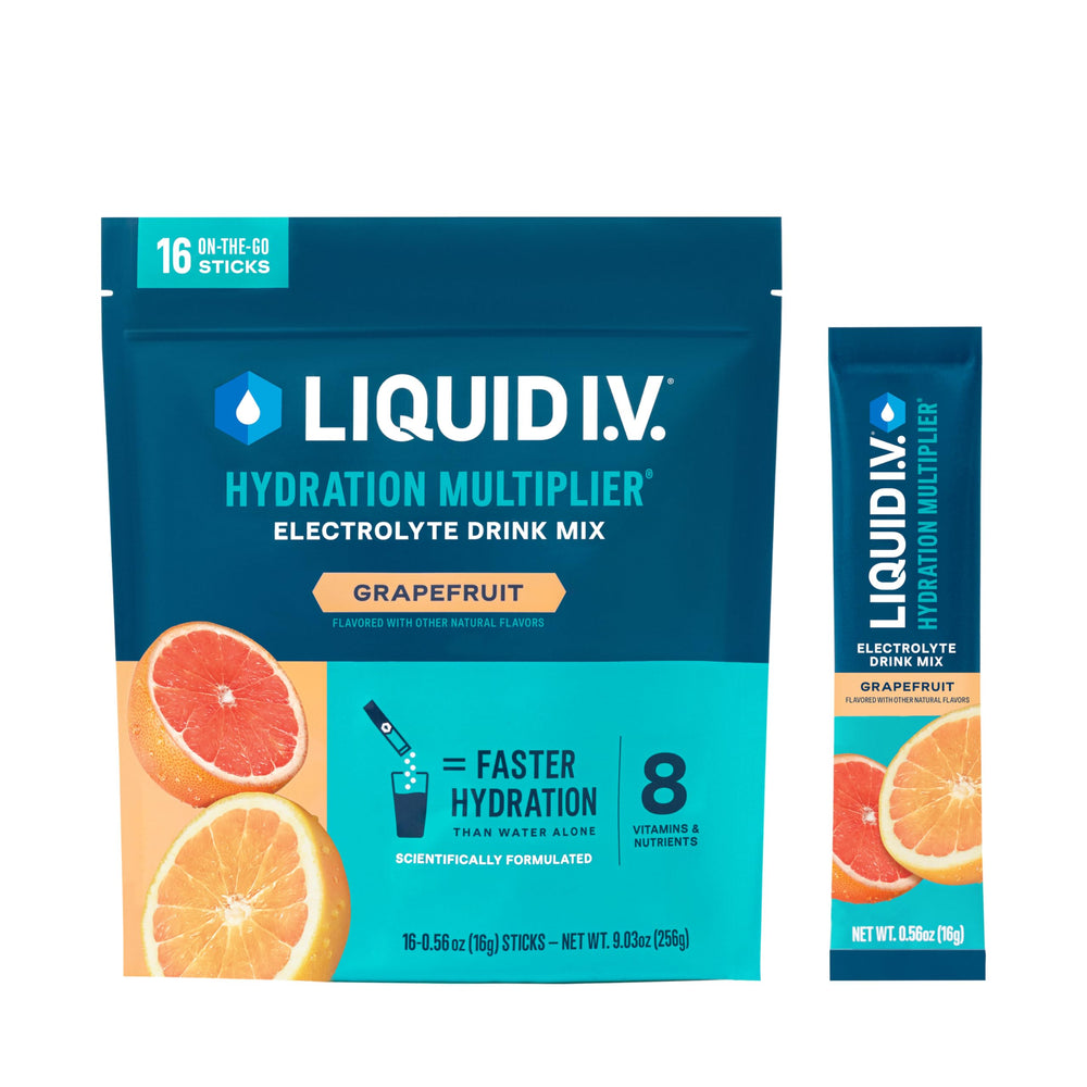 Liquid I.V. Grapefruit packet on a surface ready for hydration on the go.