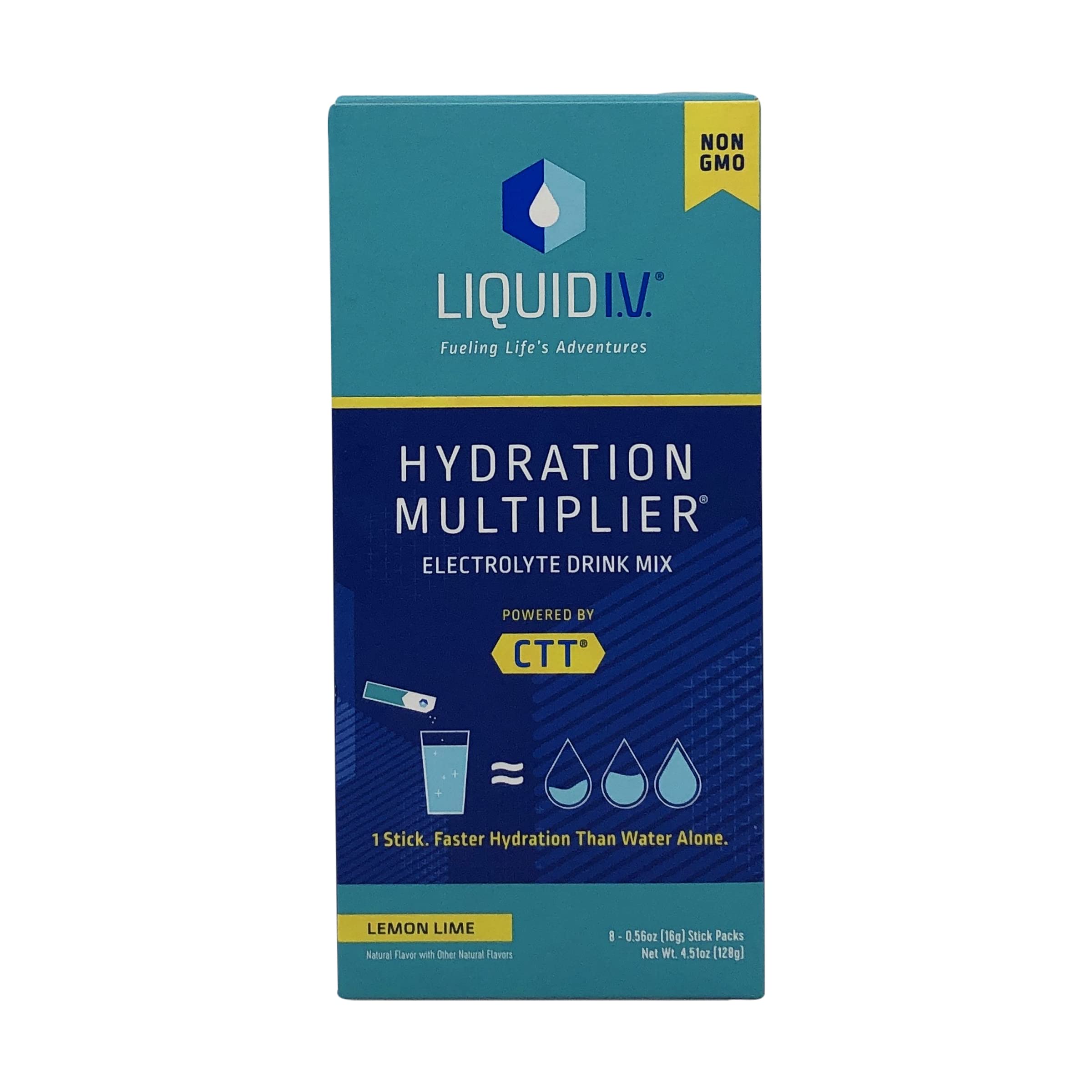 Liquid I.V. Hydration Multiplier lemon-lime packet pouring into water for fast hydration.