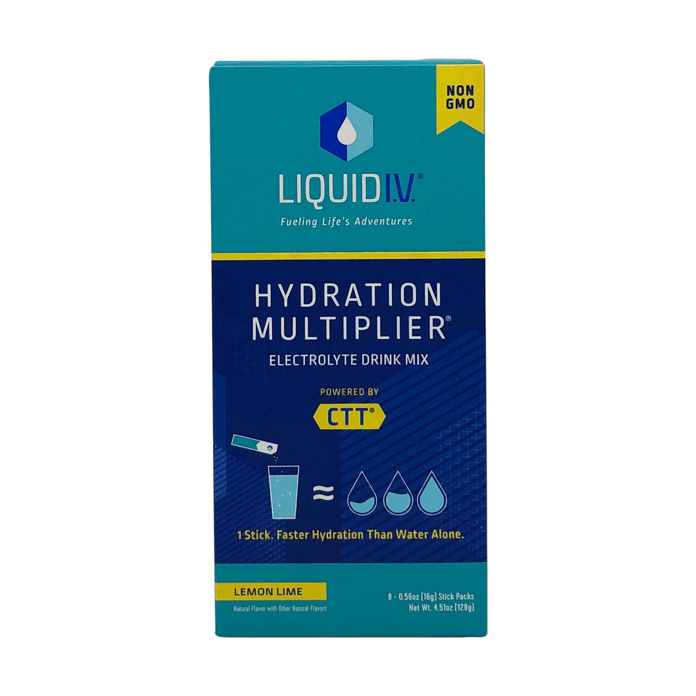 Liquid I.V. Hydration Multiplier lemon-lime packet pouring into water for fast hydration.