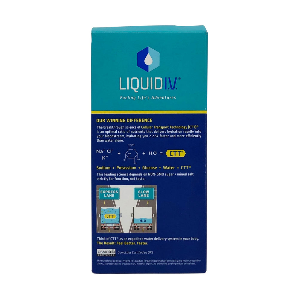 Liquid I.V. Hydration Multiplier lemon-lime single-serve packet beside a glass ready to mix.