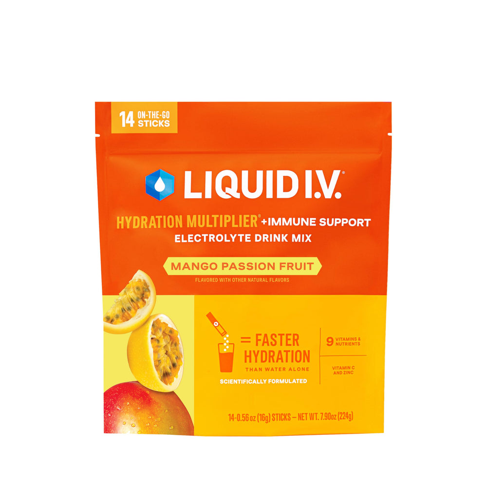 Liquid I.V. Mango Passionfruit packet ready for on-the-go hydration