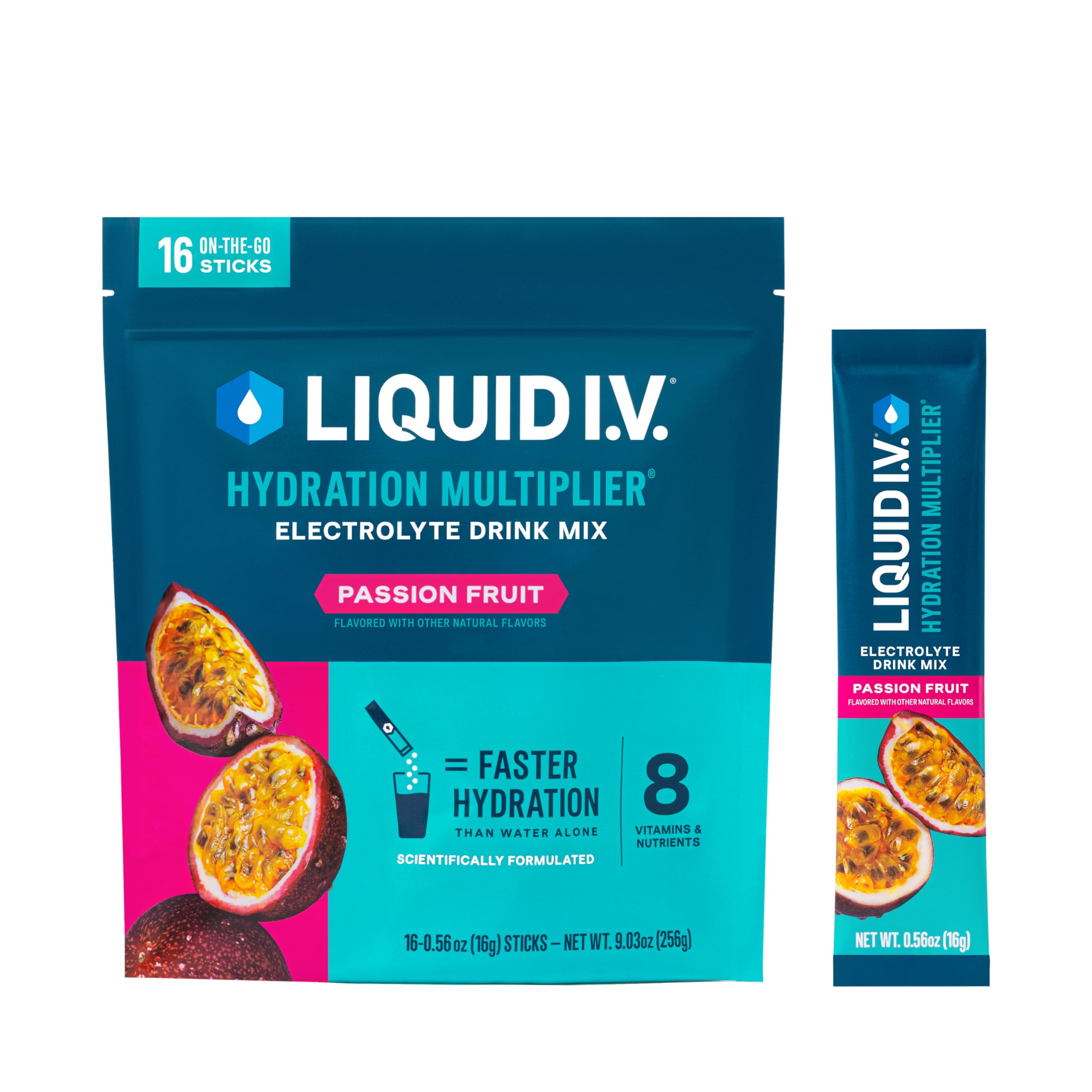 Liquid I.V. Hydration Multiplier passion fruit packet for fast on-the-go hydration.