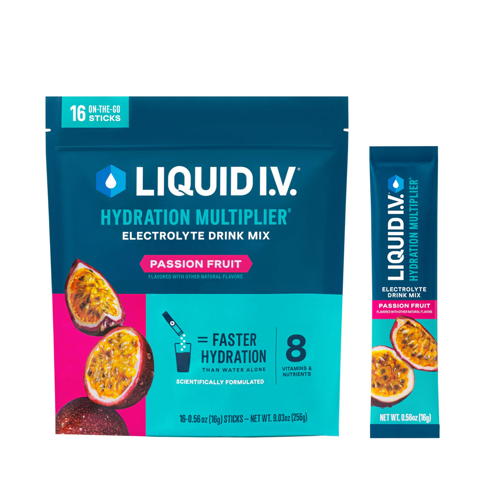 Liquid I.V. Hydration Multiplier passion fruit packet for fast on-the-go hydration.