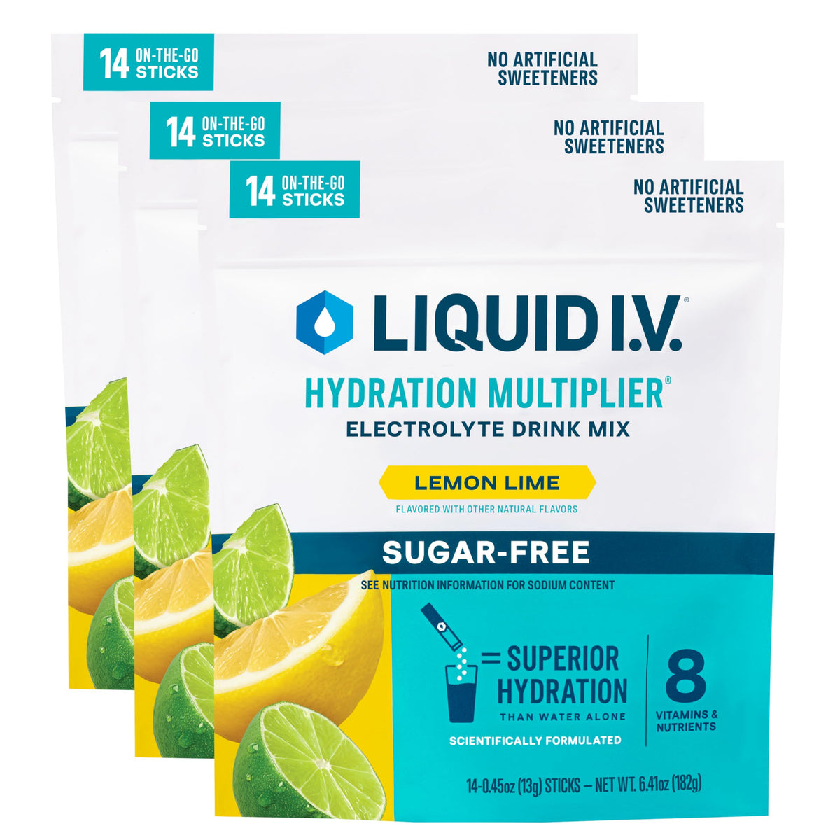 Liquid I.V. Hydration Multiplier sugar-free lemon lime packet ready to mix for quick hydration.