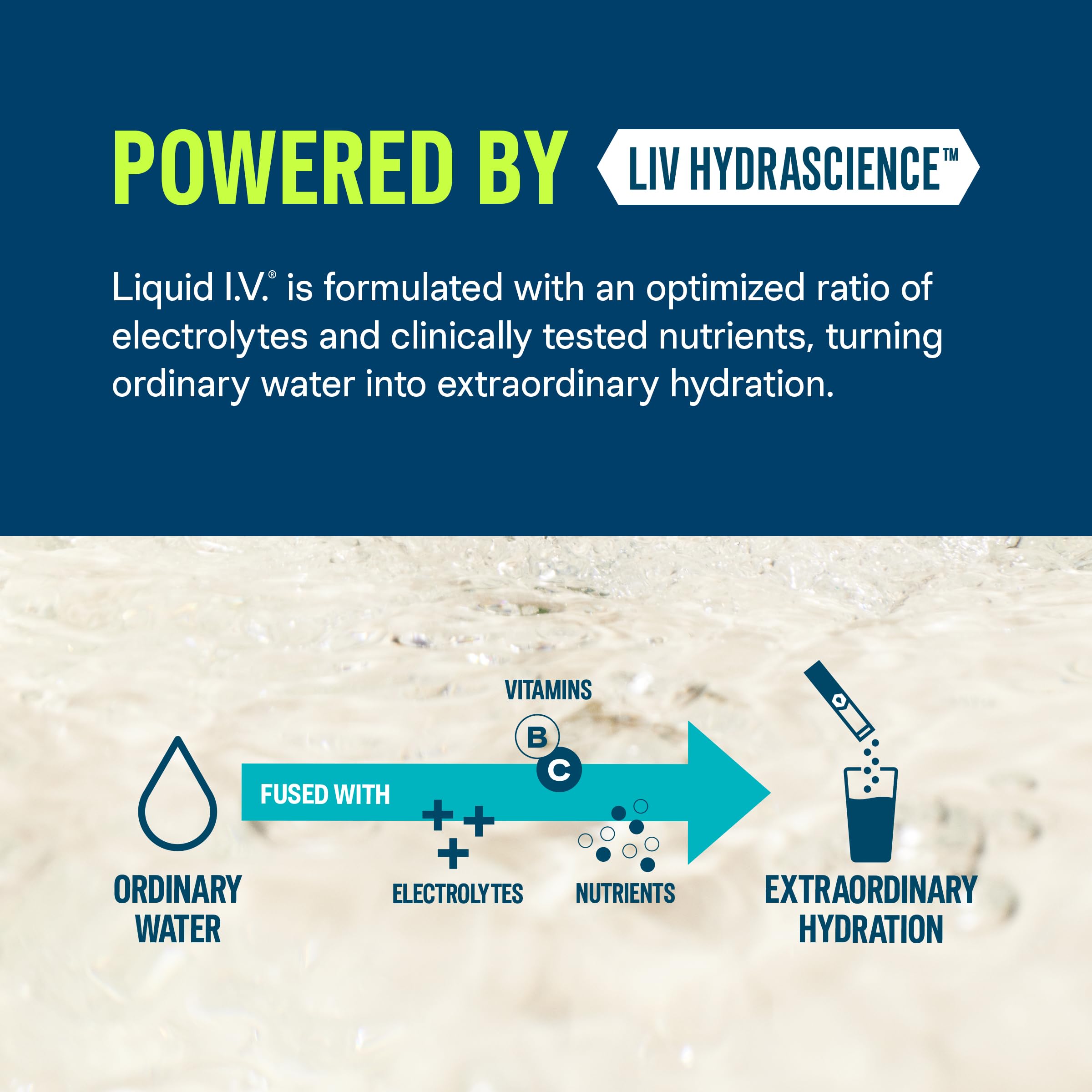 Liquid I.V. scoop pouring into water shows zero sugar formulation.