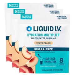 Liquid I.V. White Peach hydration packet dissolving in water for on-the-go hydration