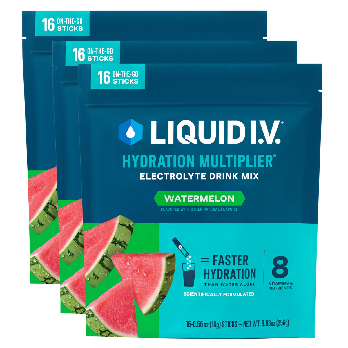 Liquid I.V. Hydration Multiplier Watermelon packet close-up for on-the-go hydration