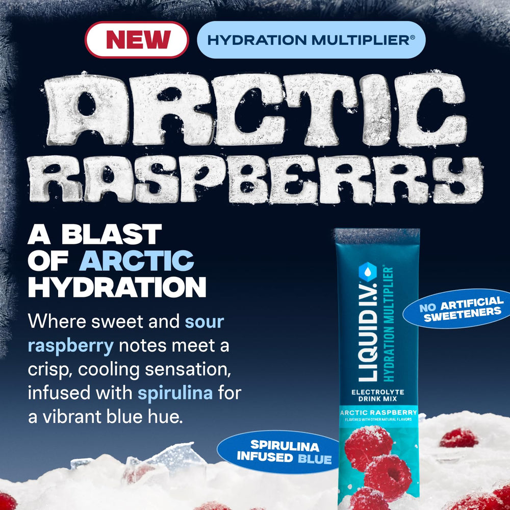 Liquid I.V. Arctic Raspberry glass shows a ready-to-drink electrolyte beverage