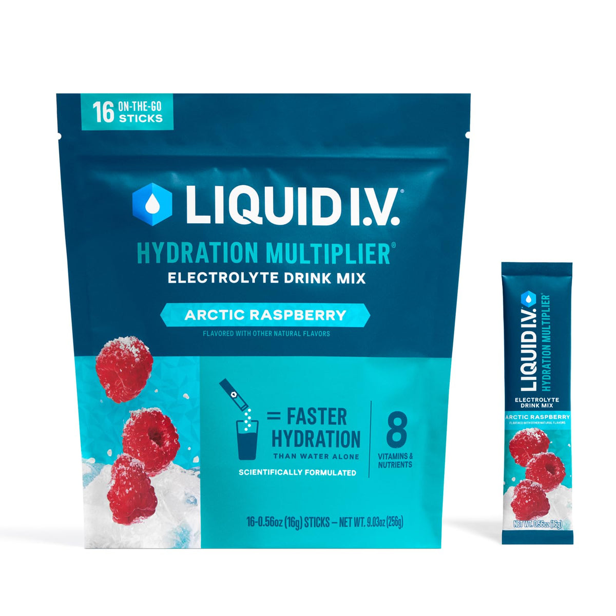 Liquid I.V. Arctic Raspberry packet ready to dissolve for on-the-go hydration
