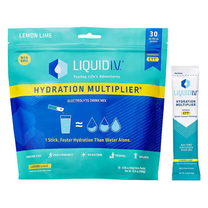 Liquid I.V. Hydration Lemon Lime stick-pack for on-the-go hydration with electrolytes.