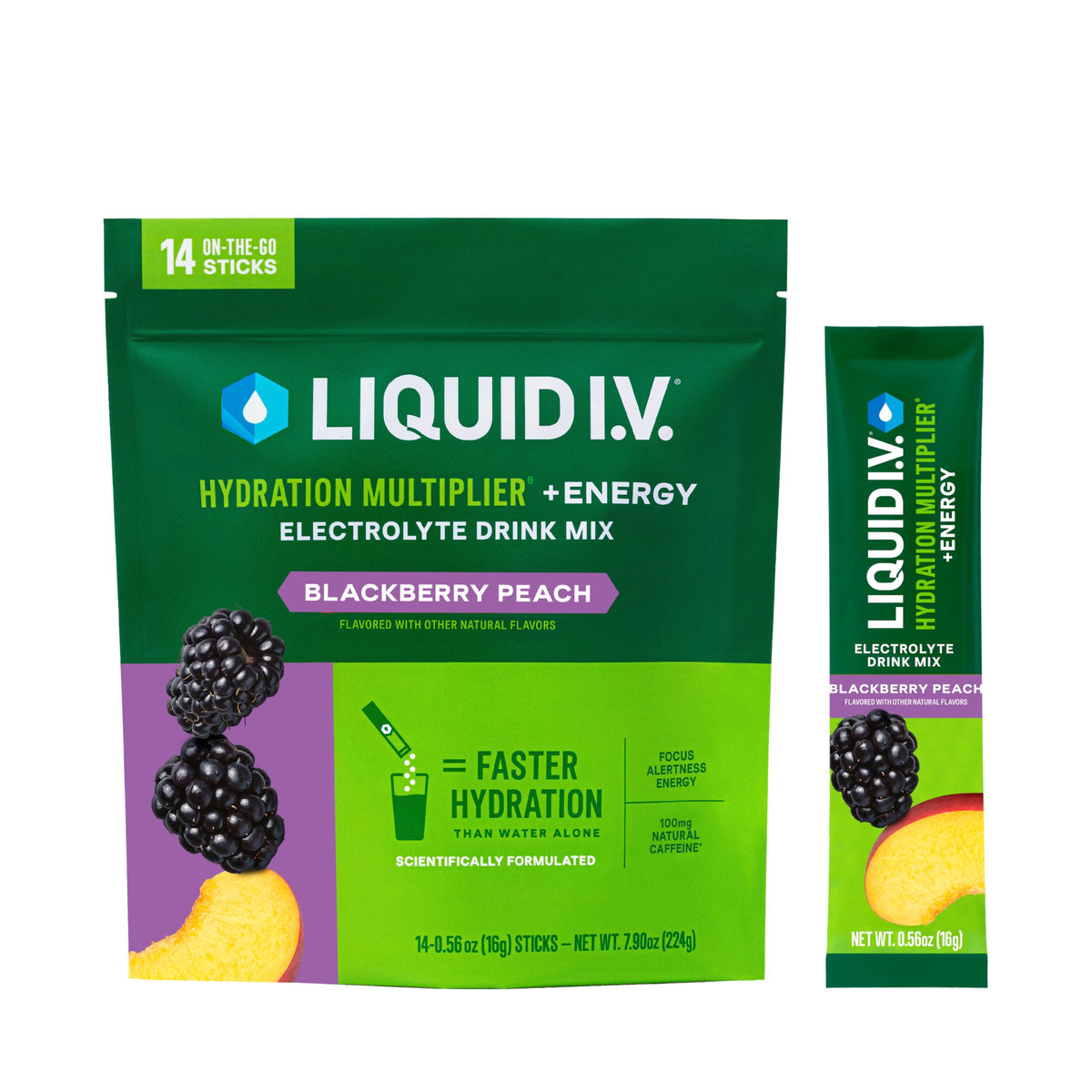 Liquid I.V. Hydration Multiplier Energy blackberry-peach packets pour into water for quick refreshment.