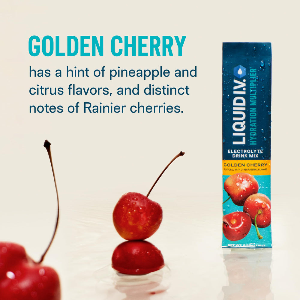 Liquid I.V. Hydration Multiplier Golden Cherry glass with vibrant drink ready to sip