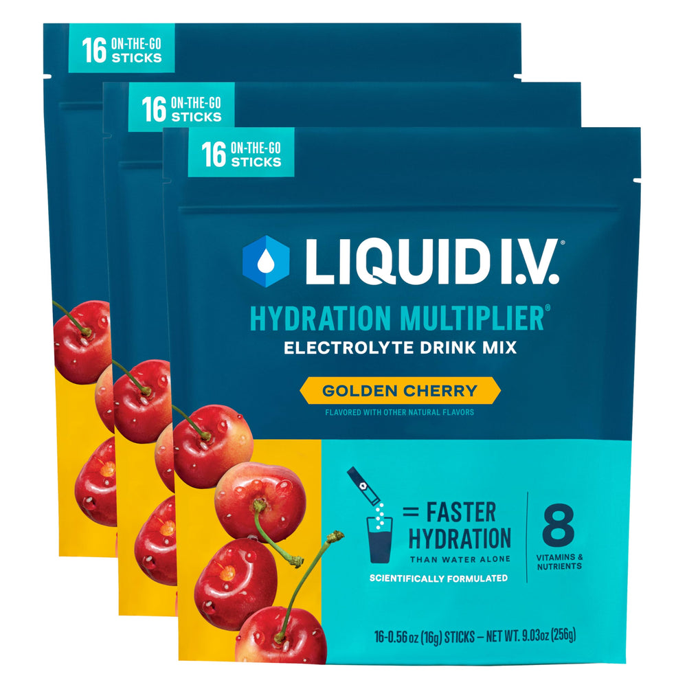 Liquid I.V. Hydration Multiplier Golden Cherry packet dissolving in water for fast hydration on the go