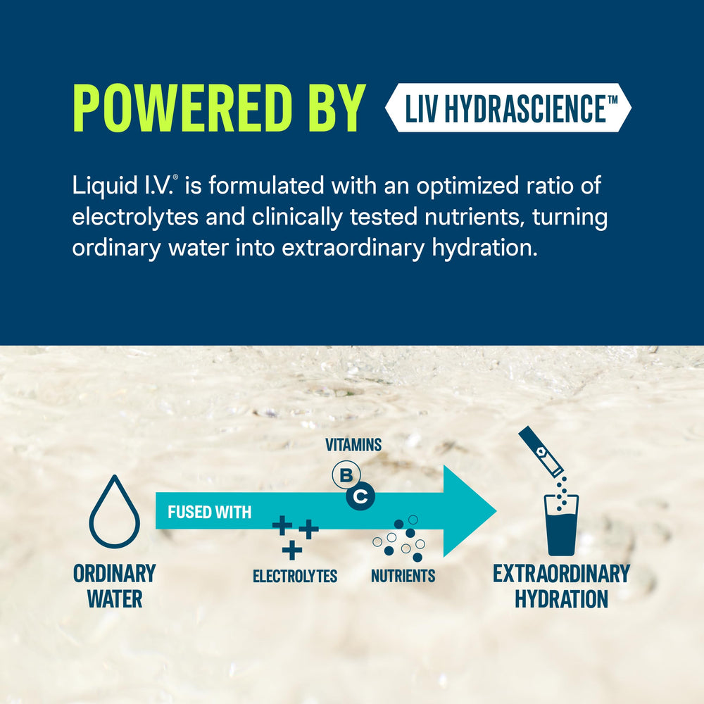 Liquid I.V. Hydration Multiplier Golden Cherry travel-pack attached to a backpack