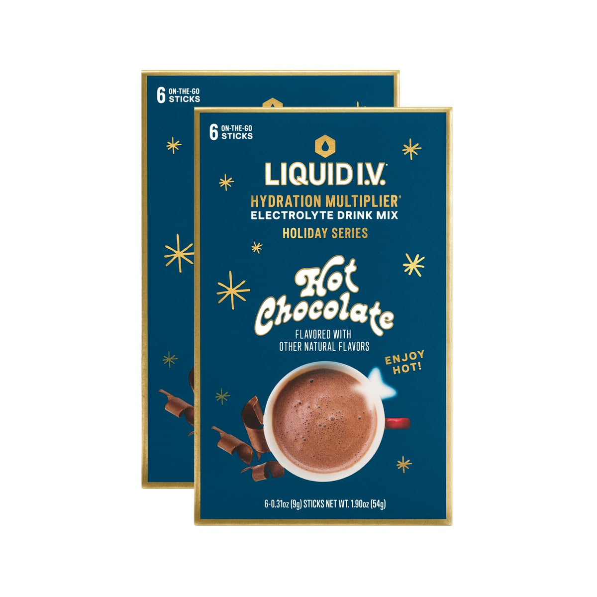 Liquid I.V. Hydration Multiplier Hot Chocolate packet opened, ready to pour into hot water for hydration.