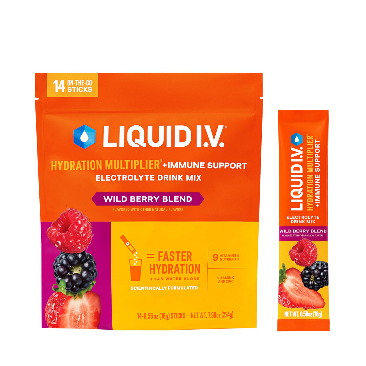 Liquid I.V. Hydration Multiplier Wild Berry pack for on-the-go hydration and immune nutrients.