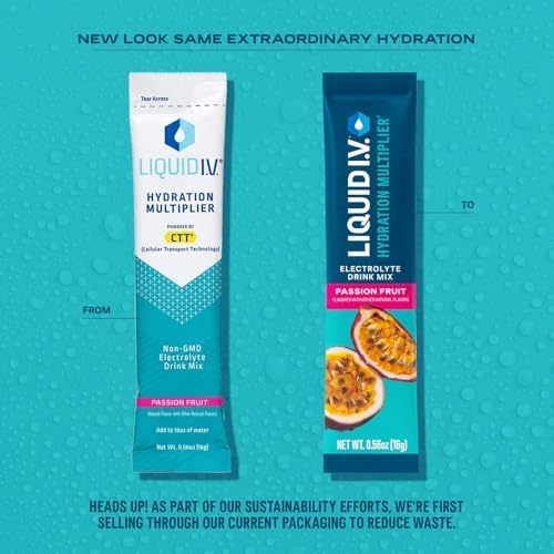 Liquid I.V. Hydration Multiplier Passion Fruit pour into water shows easy mixing.