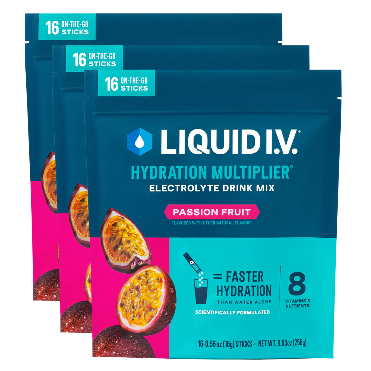 Liquid I.V. Hydration Multiplier Passion Fruit packets ready to mix for fast hydration on the go