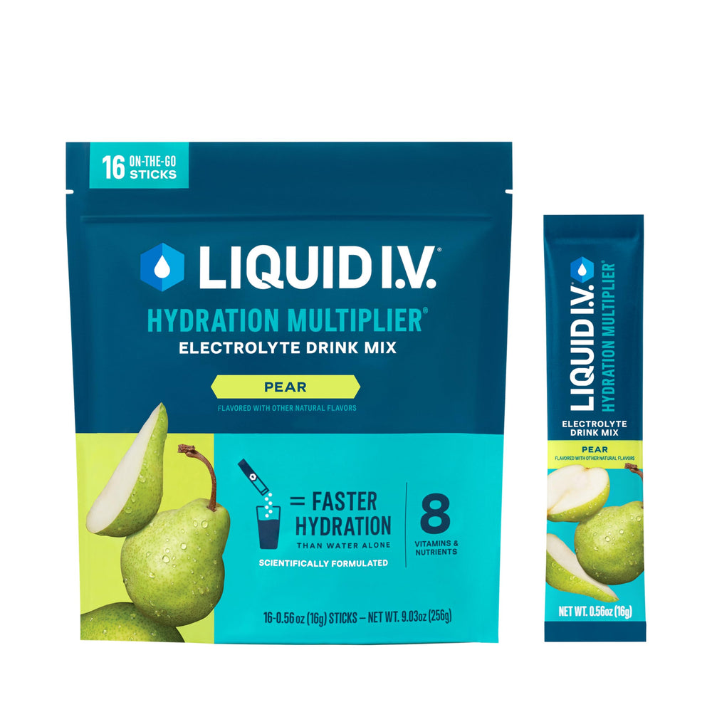 Liquid I.V. Pear bottle pour shows rapid hydration with electrolytes