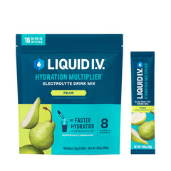 Liquid I.V. Pear bottle pour shows rapid hydration with electrolytes