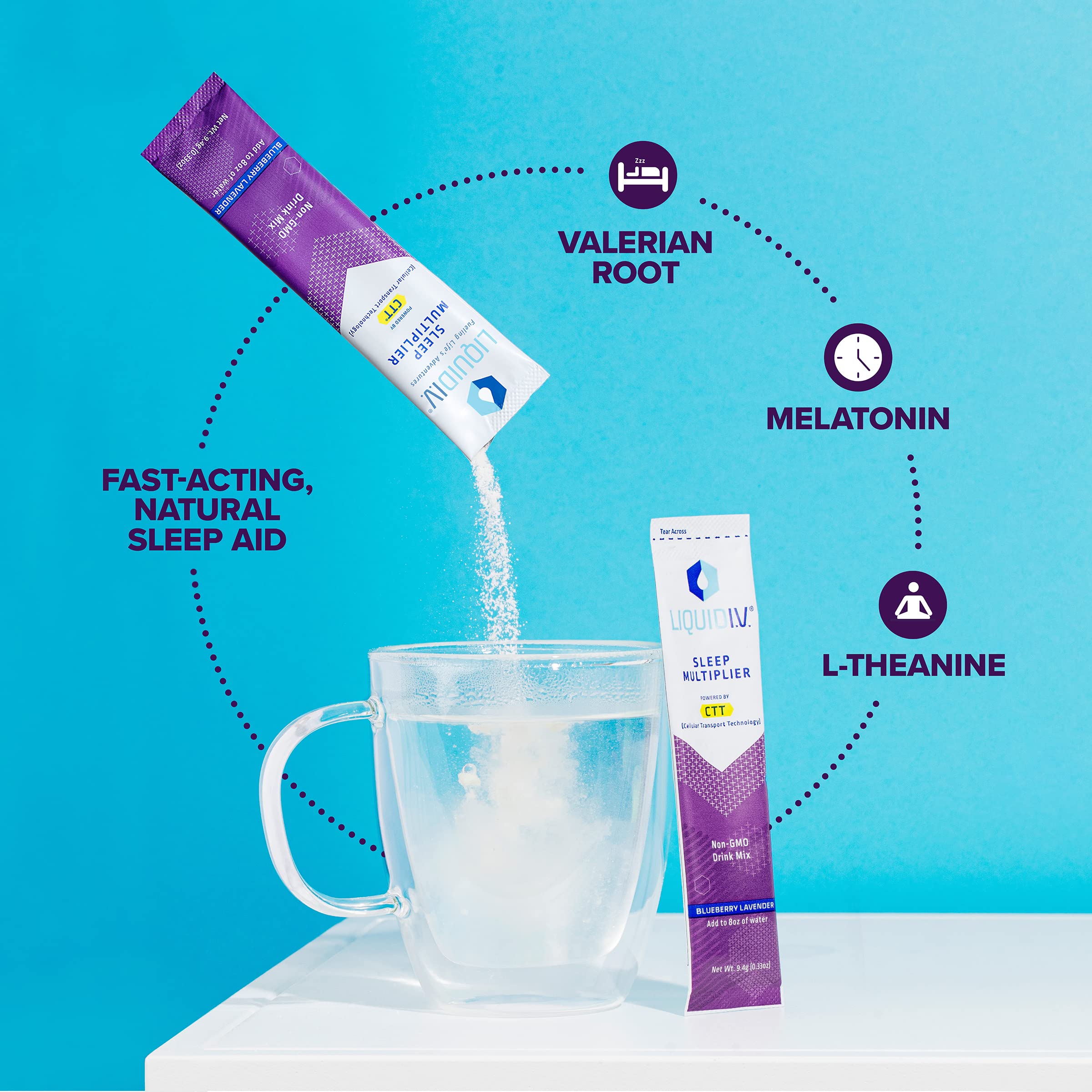 Liquid I.V. Sleep dissolving in water to create a flavorful night drink