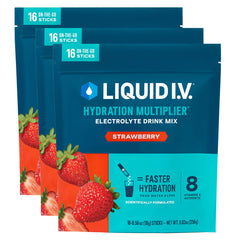 Liquid I.V. Hydration Multiplier Strawberry front pack shows convenient on-the-go hydration