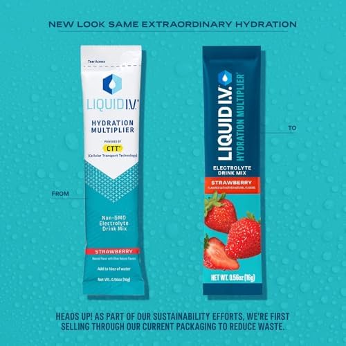 Liquid I.V. Hydration Multiplier Strawberry packaging close-up highlights travel-friendly sachets