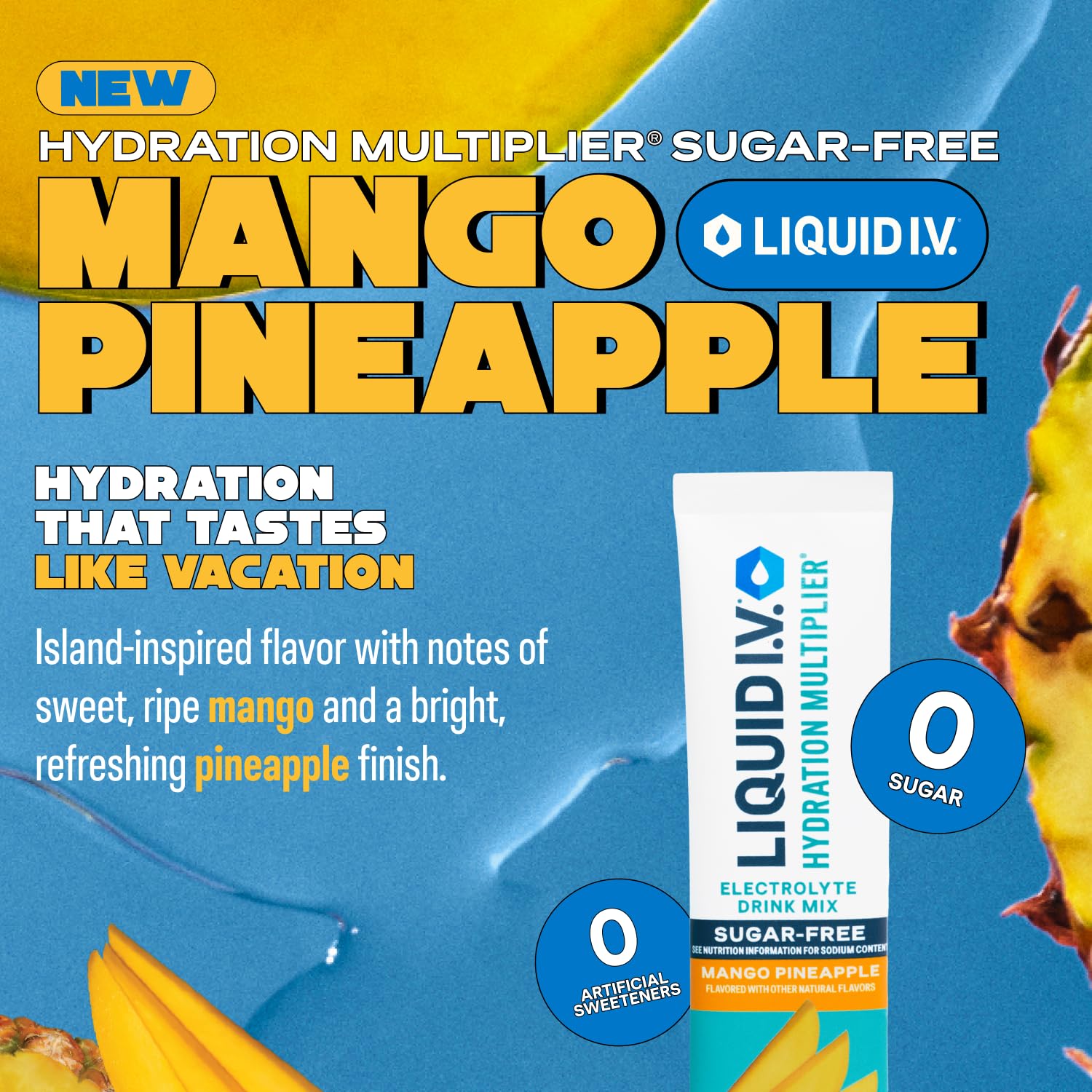 Glass shows mango pineapple flavor dissolving in water for quick hydration.
