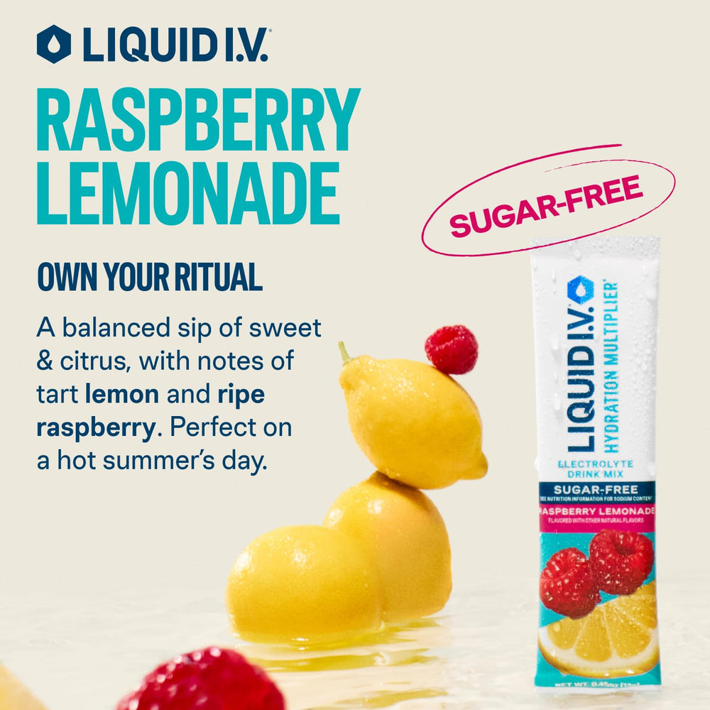 Liquid I.V. Hydration Multiplier Sugar-Free Raspberry Lemonade glass ready to refresh after workouts