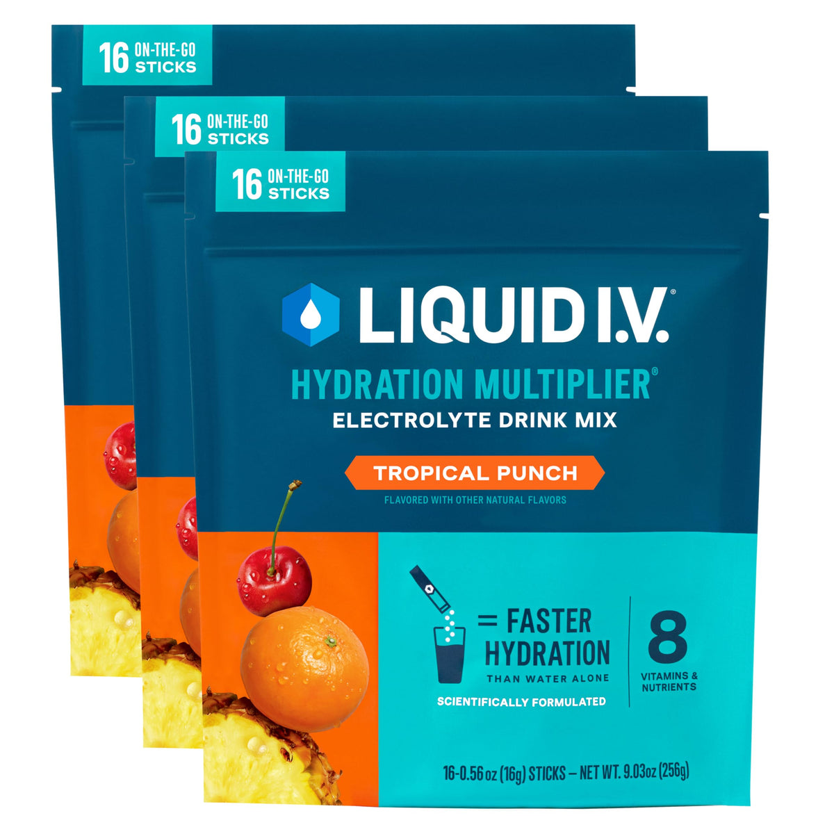 Liquid I.V. Tropical Punch packets for on-the-go hydration.