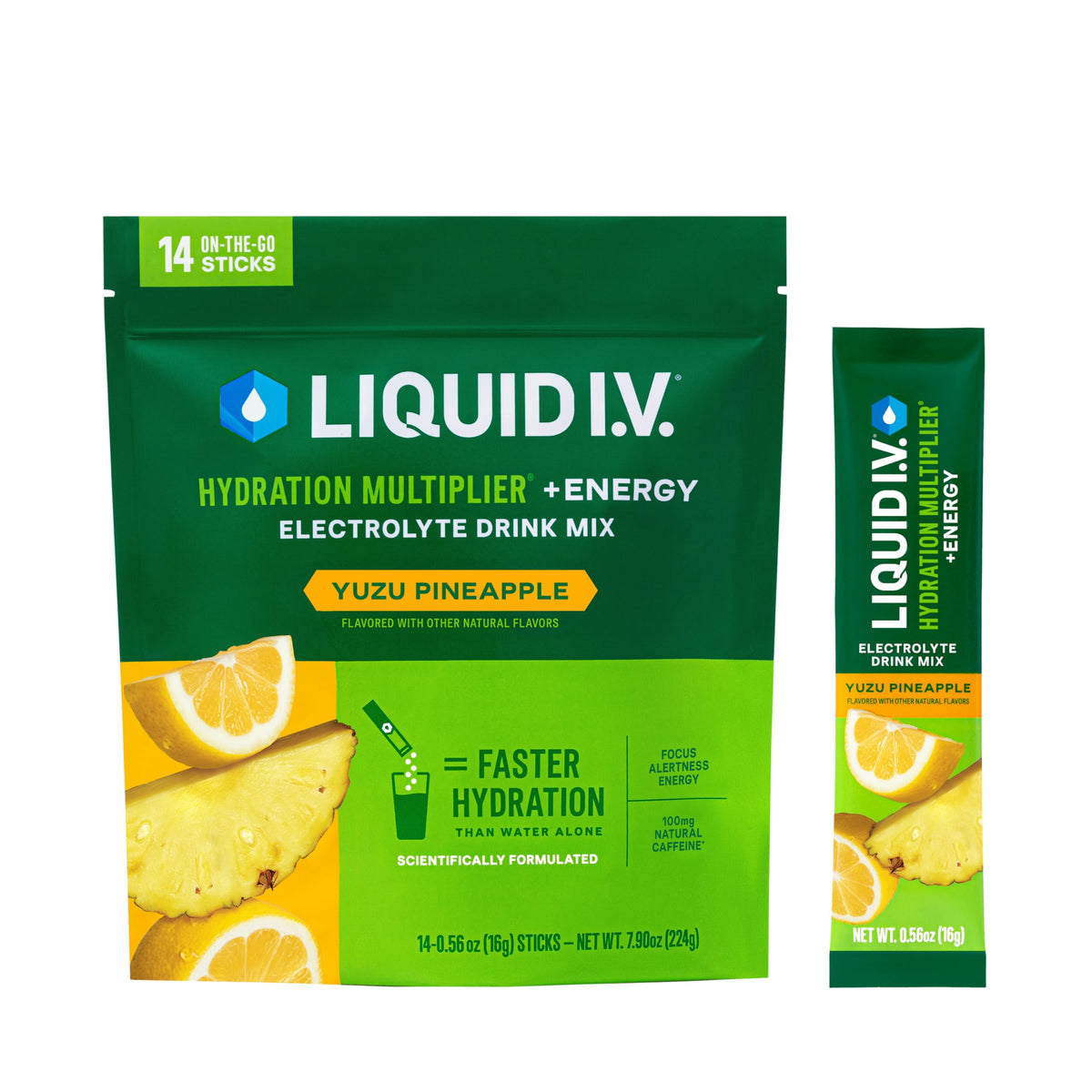 Liquid I.V. Hydration Multiplier + Energy yuzu pineapple packet for on-the-go hydration.