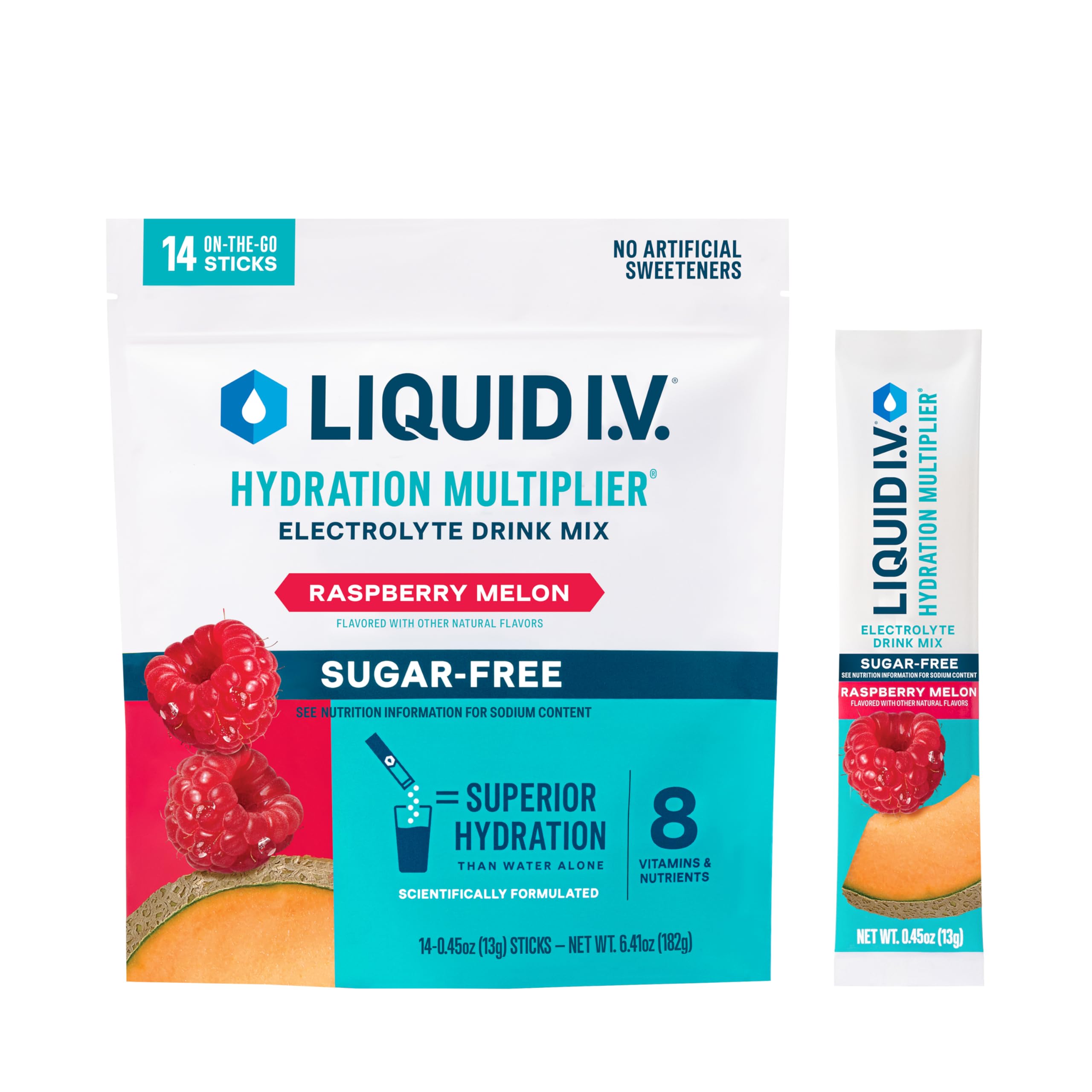 Liquid I.V. Hydration Sugar-Free Raspberry Melon packet for on-the-go hydration.