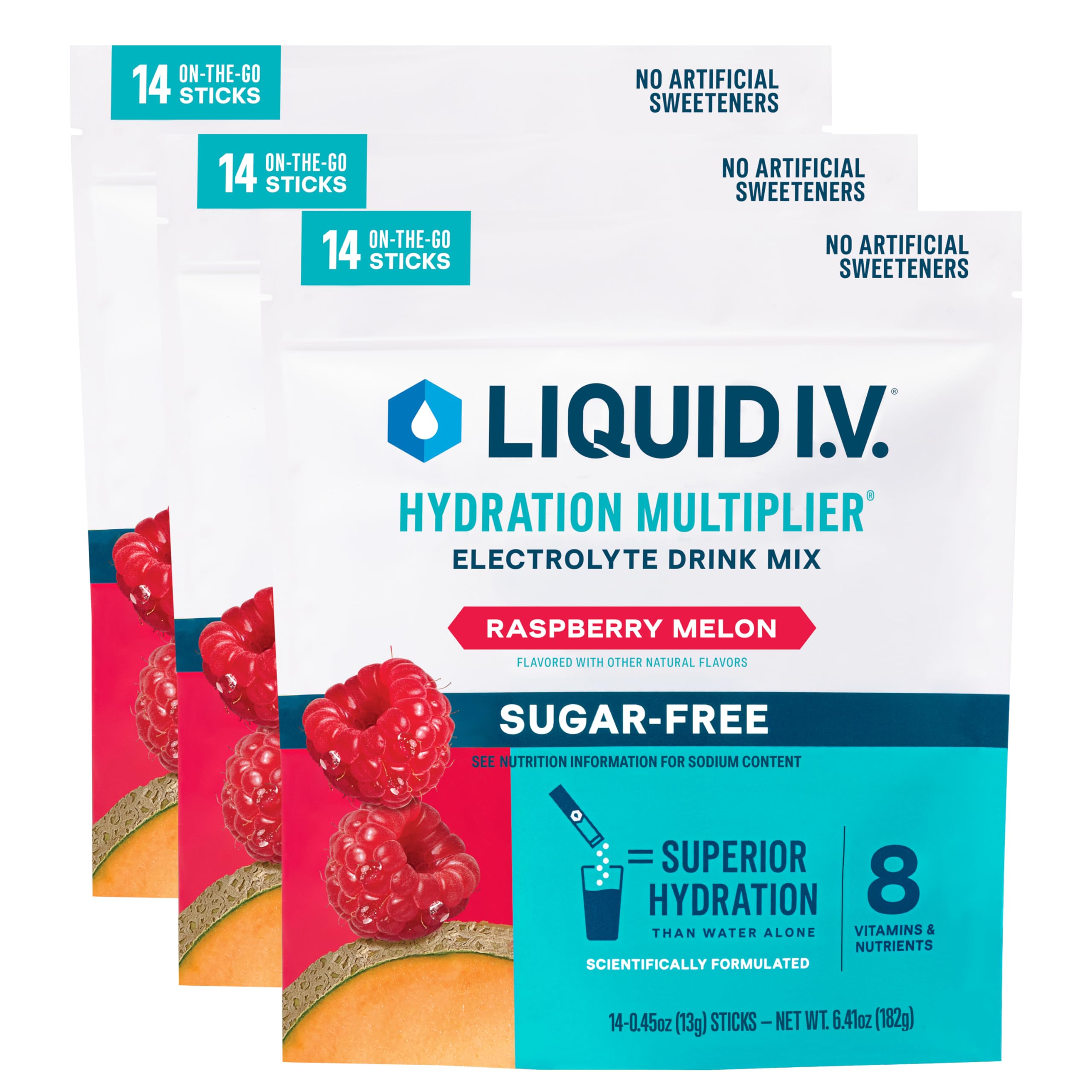 Liquid I.V. Hydration Multiplier Raspberry Melon sugar-free packet for on-the-go hydration.