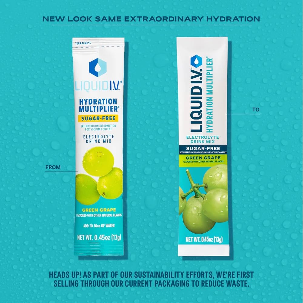 Liquid I.V. Green Grape powder pack with zero sugar claim.