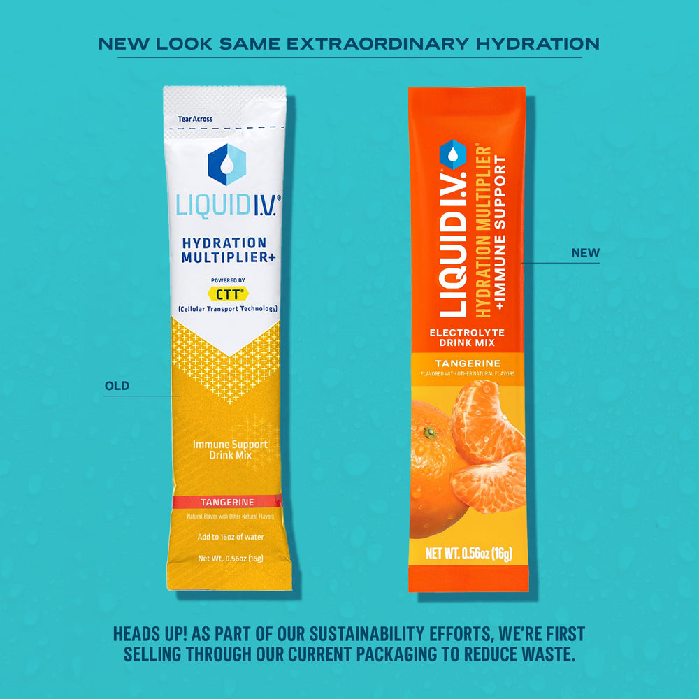 Liquid I.V. Tangerine bottle and label highlighting electrolytes and immune support.