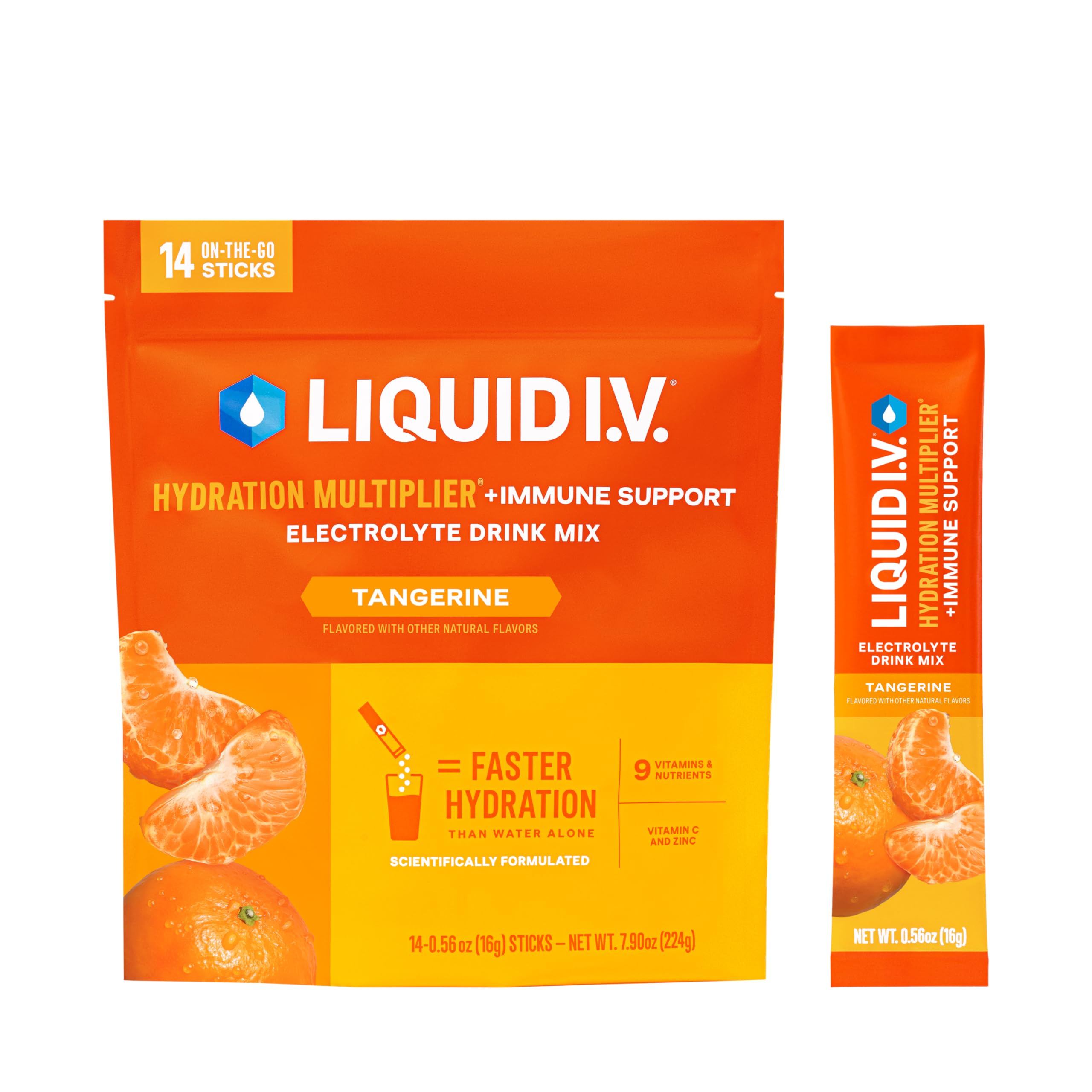 Liquid I.V. Tangerine hydration multiplier pack ready to mix for fast hydration.