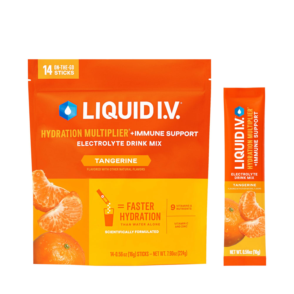 Liquid I.V. Tangerine hydration multiplier pack ready to mix for fast hydration.