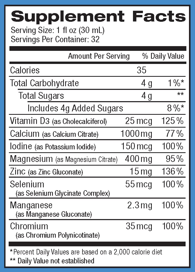 Liquid ReViva calcium twin-pack bottle back shows gluten-free labeling